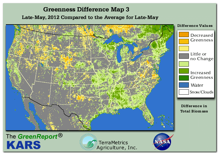 Color-coded U.S. vegetation greeness index map for Period 22 of 2012, illustrating spatial variations in plant vigor, with greener tones indicating higher biomass and browner tones indicating stressed vegetation,
              comparing current crop/vegetation change in biomass to the 20-year greenness average.