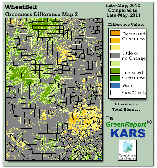 Color-coded Wheat Belt vegetation greeness index map for Period 22 of 2012, illustrating spatial variations in plant vigor, with greener tones indicating higher biomass and browner tones indicating stressed vegetation,
              comparing current crop/vegetation change in biomass to same period from the previous year.