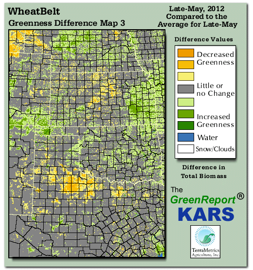 Color-coded Wheat Belt vegetation greeness index map for Period 22 of 2012, illustrating spatial variations in plant vigor, with greener tones indicating higher biomass and browner tones indicating stressed vegetation,
              comparing current crop/vegetation change in biomass to the 20-year greenness average.