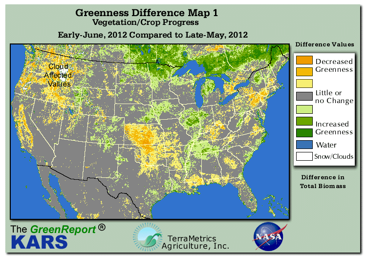 Color-coded U.S. vegetation greeness index map for Period 23 of 2012, illustrating spatial variations in plant vigor, with greener tones indicating higher biomass and browner tones indicating stressed vegetation,
              comparing current crop/vegetation change in biomass to the previous week within the same year.