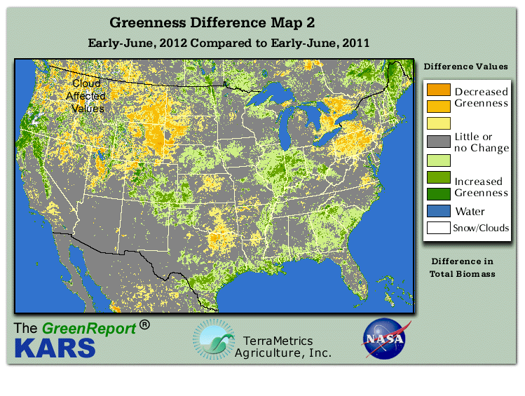 Color-coded U.S. vegetation greeness index map for Period 23 of 2012, illustrating spatial variations in plant vigor, with greener tones indicating higher biomass and browner tones indicating stressed vegetation,
              comparing current crop/vegetation change in biomass to same period from the previous year.