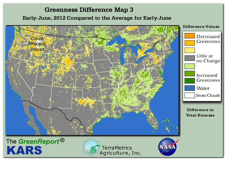 Color-coded U.S. vegetation greeness index map for Period 23 of 2012, illustrating spatial variations in plant vigor, with greener tones indicating higher biomass and browner tones indicating stressed vegetation,
              comparing current crop/vegetation change in biomass to the 20-year greenness average.