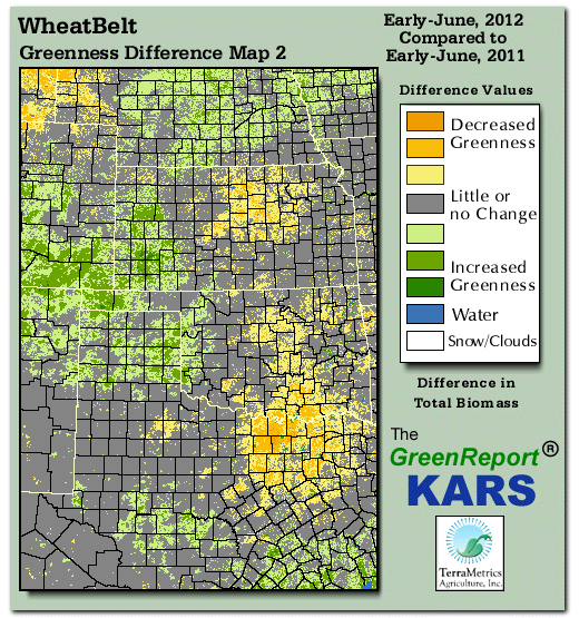 Color-coded Wheat Belt vegetation greeness index map for Period 23 of 2012, illustrating spatial variations in plant vigor, with greener tones indicating higher biomass and browner tones indicating stressed vegetation,
              comparing current crop/vegetation change in biomass to same period from the previous year.