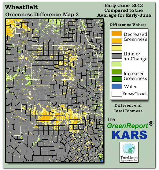 Color-coded Wheat Belt vegetation greeness index map for Period 23 of 2012, illustrating spatial variations in plant vigor, with greener tones indicating higher biomass and browner tones indicating stressed vegetation,
              comparing current crop/vegetation change in biomass to the 20-year greenness average.