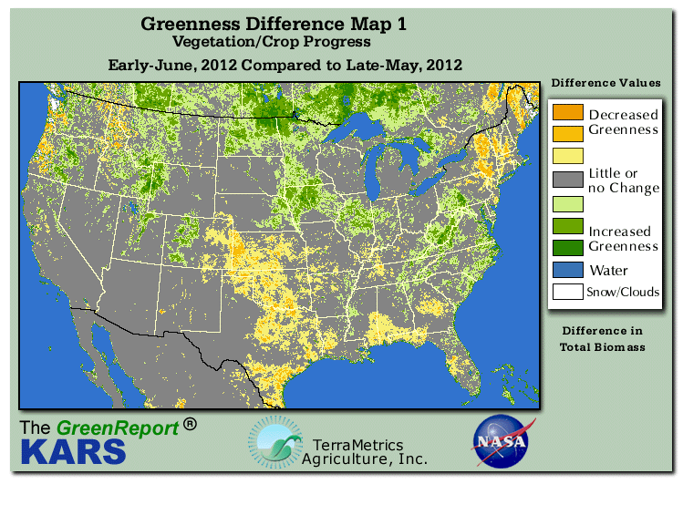 Color-coded U.S. vegetation greeness index map for Period 24 of 2012, illustrating spatial variations in plant vigor, with greener tones indicating higher biomass and browner tones indicating stressed vegetation,
              comparing current crop/vegetation change in biomass to the previous week within the same year.
