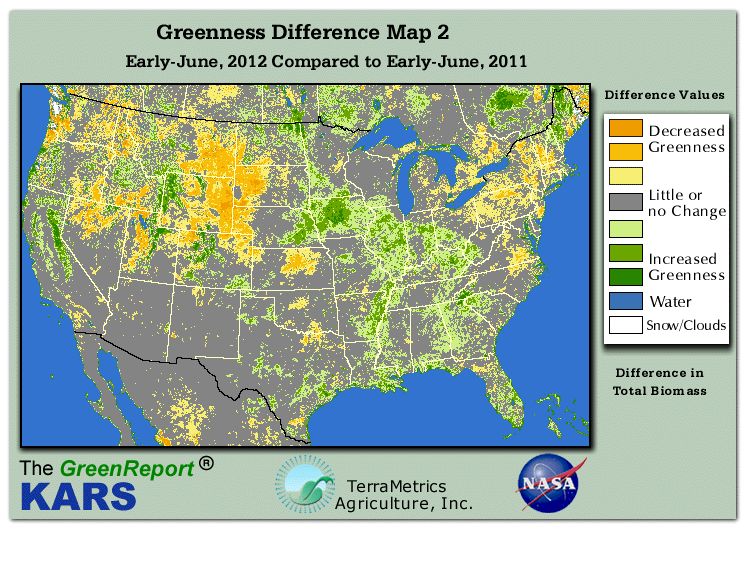 Color-coded U.S. vegetation greeness index map for Period 24 of 2012, illustrating spatial variations in plant vigor, with greener tones indicating higher biomass and browner tones indicating stressed vegetation,
              comparing current crop/vegetation change in biomass to same period from the previous year.