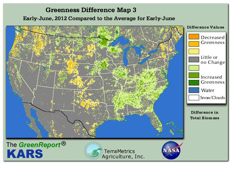 Color-coded U.S. vegetation greeness index map for Period 24 of 2012, illustrating spatial variations in plant vigor, with greener tones indicating higher biomass and browner tones indicating stressed vegetation,
              comparing current crop/vegetation change in biomass to the 20-year greenness average.