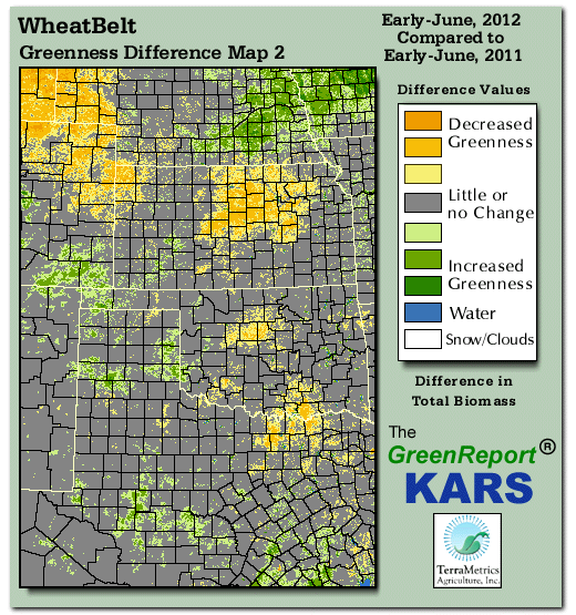 Color-coded Wheat Belt vegetation greeness index map for Period 24 of 2012, illustrating spatial variations in plant vigor, with greener tones indicating higher biomass and browner tones indicating stressed vegetation,
              comparing current crop/vegetation change in biomass to same period from the previous year.