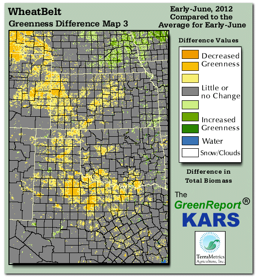 Color-coded Wheat Belt vegetation greeness index map for Period 24 of 2012, illustrating spatial variations in plant vigor, with greener tones indicating higher biomass and browner tones indicating stressed vegetation,
              comparing current crop/vegetation change in biomass to the 20-year greenness average.