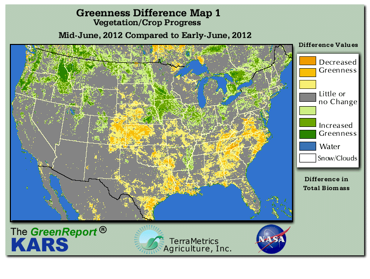 Color-coded U.S. vegetation greeness index map for Period 25 of 2012, illustrating spatial variations in plant vigor, with greener tones indicating higher biomass and browner tones indicating stressed vegetation,
              comparing current crop/vegetation change in biomass to the previous week within the same year.