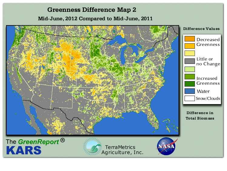 Color-coded U.S. vegetation greeness index map for Period 25 of 2012, illustrating spatial variations in plant vigor, with greener tones indicating higher biomass and browner tones indicating stressed vegetation,
              comparing current crop/vegetation change in biomass to same period from the previous year.