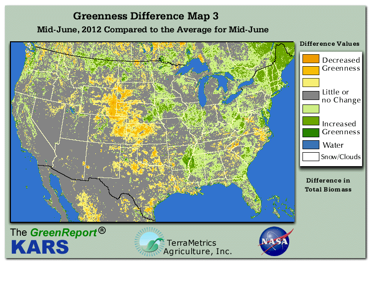 Color-coded U.S. vegetation greeness index map for Period 25 of 2012, illustrating spatial variations in plant vigor, with greener tones indicating higher biomass and browner tones indicating stressed vegetation,
              comparing current crop/vegetation change in biomass to the 20-year greenness average.