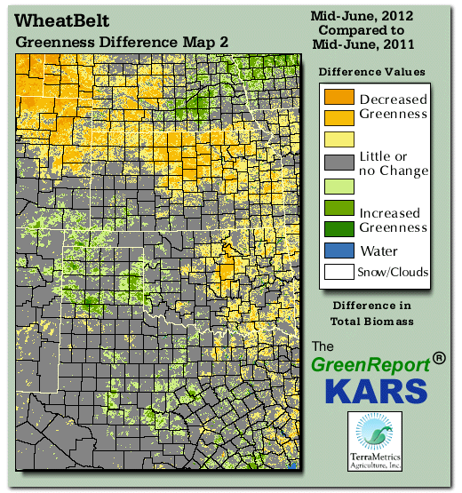 Color-coded Wheat Belt vegetation greeness index map for Period 25 of 2012, illustrating spatial variations in plant vigor, with greener tones indicating higher biomass and browner tones indicating stressed vegetation,
              comparing current crop/vegetation change in biomass to same period from the previous year.