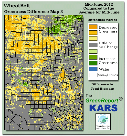 Color-coded Wheat Belt vegetation greeness index map for Period 25 of 2012, illustrating spatial variations in plant vigor, with greener tones indicating higher biomass and browner tones indicating stressed vegetation,
              comparing current crop/vegetation change in biomass to the 20-year greenness average.