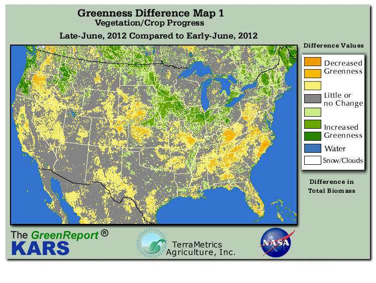 Color-coded U.S. vegetation greeness index map for Period 26 of 2012, illustrating spatial variations in plant vigor, with greener tones indicating higher biomass and browner tones indicating stressed vegetation,
              comparing current crop/vegetation change in biomass to the previous week within the same year.
