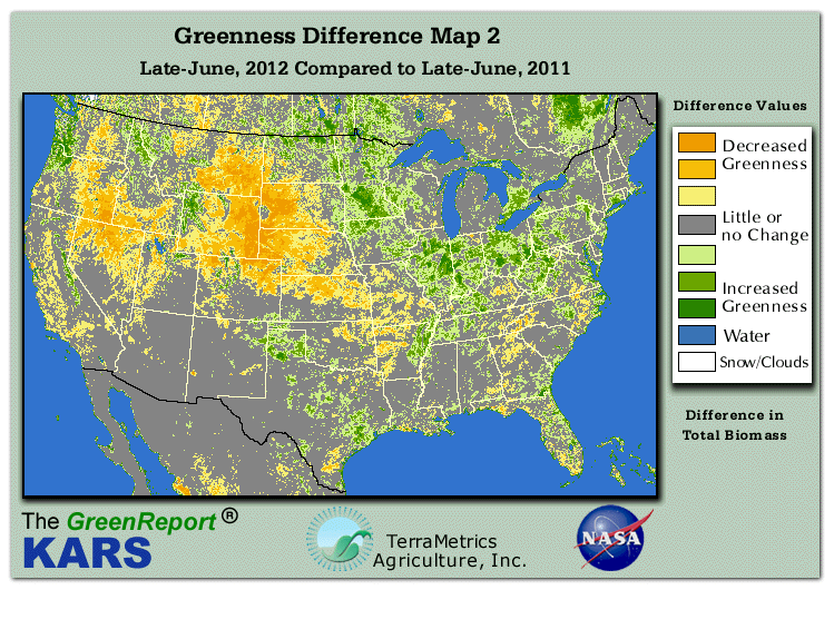 Color-coded U.S. vegetation greeness index map for Period 26 of 2012, illustrating spatial variations in plant vigor, with greener tones indicating higher biomass and browner tones indicating stressed vegetation,
              comparing current crop/vegetation change in biomass to same period from the previous year.