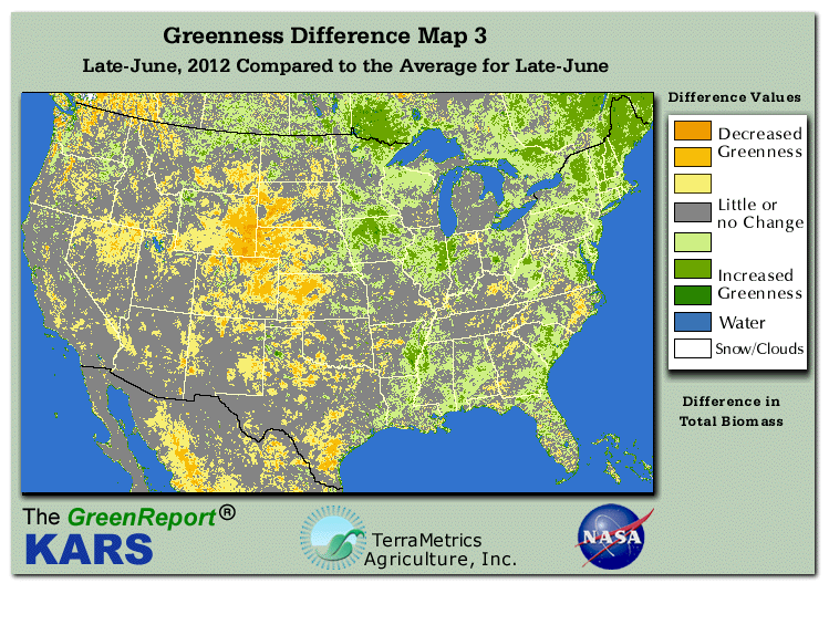 Color-coded U.S. vegetation greeness index map for Period 26 of 2012, illustrating spatial variations in plant vigor, with greener tones indicating higher biomass and browner tones indicating stressed vegetation,
              comparing current crop/vegetation change in biomass to the 20-year greenness average.