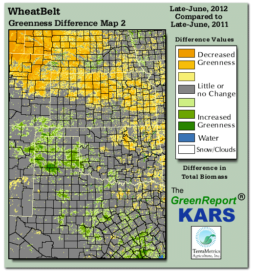 Color-coded Wheat Belt vegetation greeness index map for Period 26 of 2012, illustrating spatial variations in plant vigor, with greener tones indicating higher biomass and browner tones indicating stressed vegetation,
              comparing current crop/vegetation change in biomass to same period from the previous year.