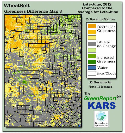 Color-coded Wheat Belt vegetation greeness index map for Period 26 of 2012, illustrating spatial variations in plant vigor, with greener tones indicating higher biomass and browner tones indicating stressed vegetation,
              comparing current crop/vegetation change in biomass to the 20-year greenness average.