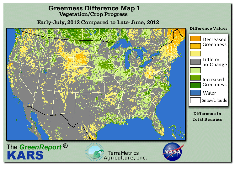 Color-coded U.S. vegetation greeness index map for Period 27 of 2012, illustrating spatial variations in plant vigor, with greener tones indicating higher biomass and browner tones indicating stressed vegetation,
              comparing current crop/vegetation change in biomass to the previous week within the same year.
