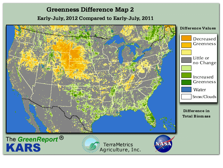 Color-coded U.S. vegetation greeness index map for Period 27 of 2012, illustrating spatial variations in plant vigor, with greener tones indicating higher biomass and browner tones indicating stressed vegetation,
              comparing current crop/vegetation change in biomass to same period from the previous year.