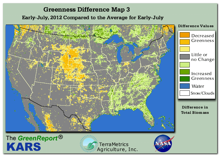 Color-coded U.S. vegetation greeness index map for Period 27 of 2012, illustrating spatial variations in plant vigor, with greener tones indicating higher biomass and browner tones indicating stressed vegetation,
              comparing current crop/vegetation change in biomass to the 20-year greenness average.