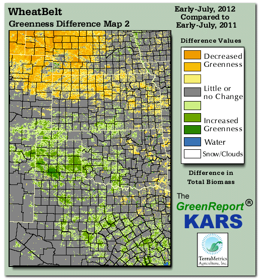Color-coded Wheat Belt vegetation greeness index map for Period 27 of 2012, illustrating spatial variations in plant vigor, with greener tones indicating higher biomass and browner tones indicating stressed vegetation,
              comparing current crop/vegetation change in biomass to same period from the previous year.