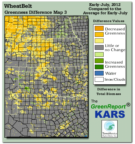 Color-coded Wheat Belt vegetation greeness index map for Period 27 of 2012, illustrating spatial variations in plant vigor, with greener tones indicating higher biomass and browner tones indicating stressed vegetation,
              comparing current crop/vegetation change in biomass to the 20-year greenness average.