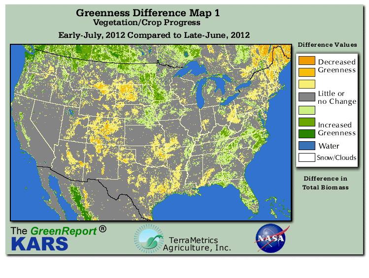 Color-coded U.S. vegetation greeness index map for Period 28 of 2012, illustrating spatial variations in plant vigor, with greener tones indicating higher biomass and browner tones indicating stressed vegetation,
              comparing current crop/vegetation change in biomass to the previous week within the same year.