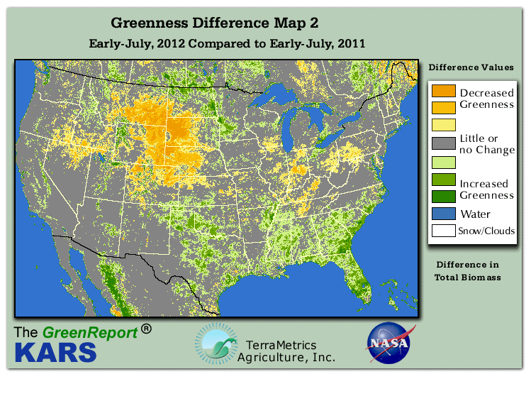 Color-coded U.S. vegetation greeness index map for Period 28 of 2012, illustrating spatial variations in plant vigor, with greener tones indicating higher biomass and browner tones indicating stressed vegetation,
              comparing current crop/vegetation change in biomass to same period from the previous year.