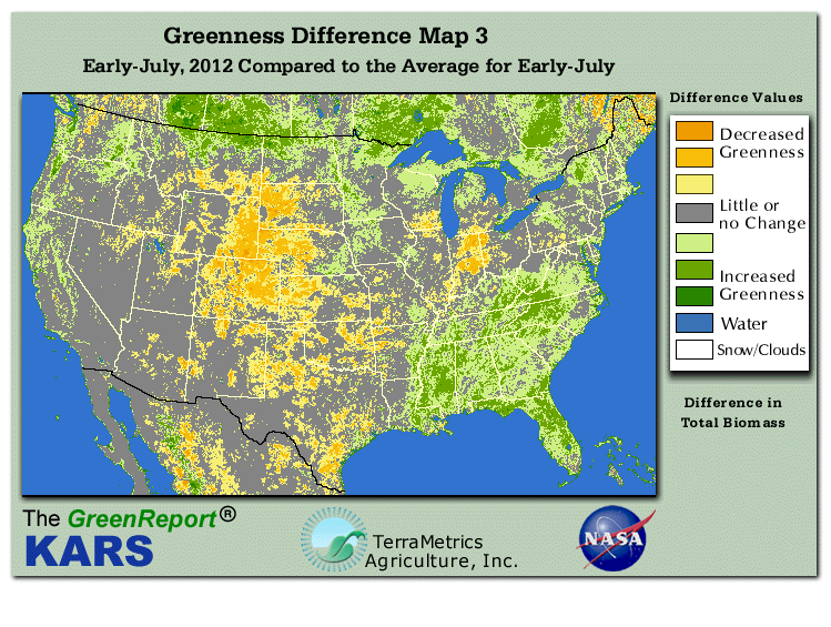 Color-coded U.S. vegetation greeness index map for Period 28 of 2012, illustrating spatial variations in plant vigor, with greener tones indicating higher biomass and browner tones indicating stressed vegetation,
              comparing current crop/vegetation change in biomass to the 20-year greenness average.