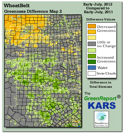 Color-coded Wheat Belt vegetation greeness index map for Period 28 of 2012, illustrating spatial variations in plant vigor, with greener tones indicating higher biomass and browner tones indicating stressed vegetation,
              comparing current crop/vegetation change in biomass to same period from the previous year.