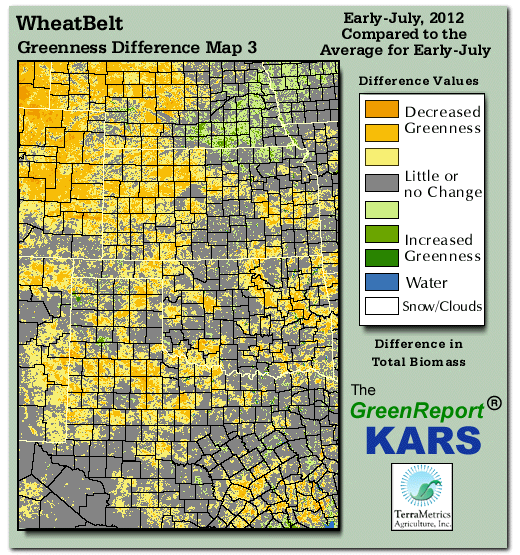 Color-coded Wheat Belt vegetation greeness index map for Period 28 of 2012, illustrating spatial variations in plant vigor, with greener tones indicating higher biomass and browner tones indicating stressed vegetation,
              comparing current crop/vegetation change in biomass to the 20-year greenness average.