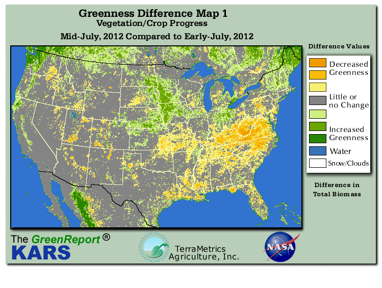 Color-coded U.S. vegetation greeness index map for Period 29 of 2012, illustrating spatial variations in plant vigor, with greener tones indicating higher biomass and browner tones indicating stressed vegetation,
              comparing current crop/vegetation change in biomass to the previous week within the same year.