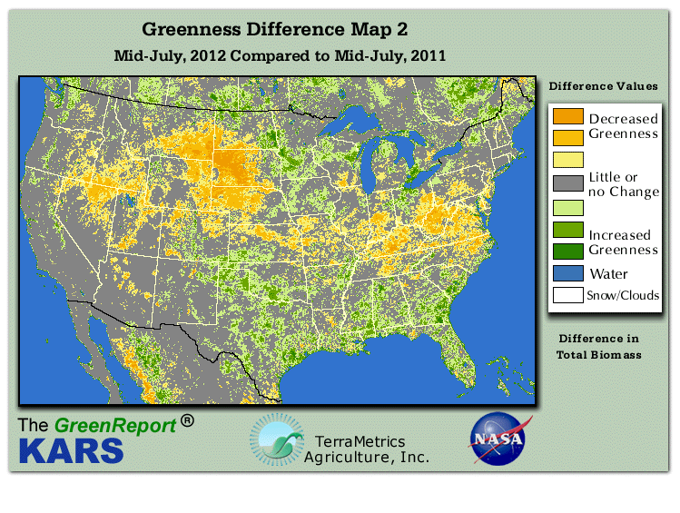 Color-coded U.S. vegetation greeness index map for Period 29 of 2012, illustrating spatial variations in plant vigor, with greener tones indicating higher biomass and browner tones indicating stressed vegetation,
              comparing current crop/vegetation change in biomass to same period from the previous year.