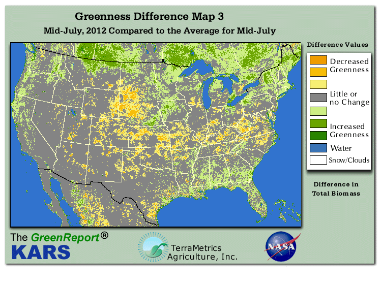 Color-coded U.S. vegetation greeness index map for Period 29 of 2012, illustrating spatial variations in plant vigor, with greener tones indicating higher biomass and browner tones indicating stressed vegetation,
              comparing current crop/vegetation change in biomass to the 20-year greenness average.
