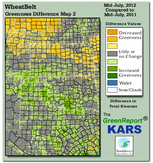 Color-coded Wheat Belt vegetation greeness index map for Period 29 of 2012, illustrating spatial variations in plant vigor, with greener tones indicating higher biomass and browner tones indicating stressed vegetation,
              comparing current crop/vegetation change in biomass to same period from the previous year.