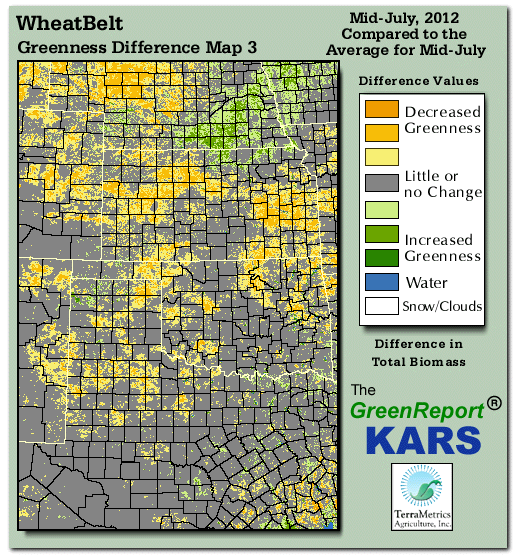 Color-coded Wheat Belt vegetation greeness index map for Period 29 of 2012, illustrating spatial variations in plant vigor, with greener tones indicating higher biomass and browner tones indicating stressed vegetation,
              comparing current crop/vegetation change in biomass to the 20-year greenness average.