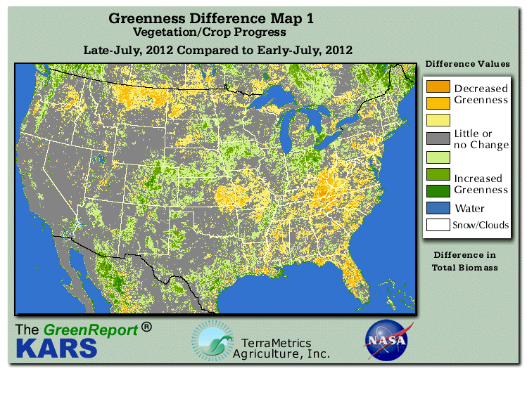 Color-coded U.S. vegetation greeness index map for Period 30 of 2012, illustrating spatial variations in plant vigor, with greener tones indicating higher biomass and browner tones indicating stressed vegetation,
              comparing current crop/vegetation change in biomass to the previous week within the same year.