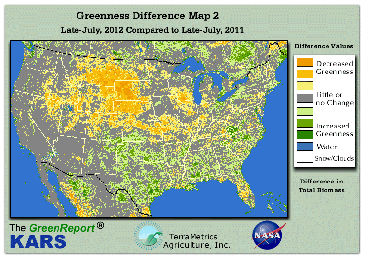 Color-coded U.S. vegetation greeness index map for Period 30 of 2012, illustrating spatial variations in plant vigor, with greener tones indicating higher biomass and browner tones indicating stressed vegetation,
              comparing current crop/vegetation change in biomass to same period from the previous year.