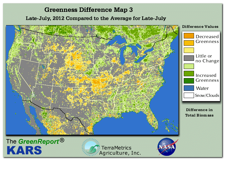 Color-coded U.S. vegetation greeness index map for Period 30 of 2012, illustrating spatial variations in plant vigor, with greener tones indicating higher biomass and browner tones indicating stressed vegetation,
              comparing current crop/vegetation change in biomass to the 20-year greenness average.