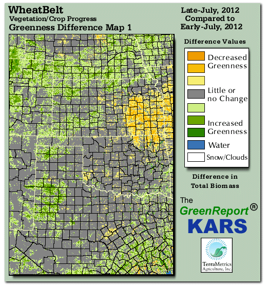 Color-coded Wheat Belt vegetation greeness index map for Period 30 of 2012, illustrating spatial variations in plant vigor, with greener tones indicating higher biomass and browner tones indicating stressed vegetation,
              comparing current crop/vegetation change in biomass to the previous week within the same year.