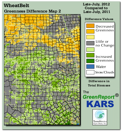 Color-coded Wheat Belt vegetation greeness index map for Period 30 of 2012, illustrating spatial variations in plant vigor, with greener tones indicating higher biomass and browner tones indicating stressed vegetation,
              comparing current crop/vegetation change in biomass to same period from the previous year.