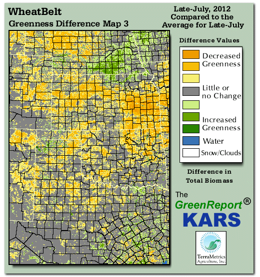 Color-coded Wheat Belt vegetation greeness index map for Period 30 of 2012, illustrating spatial variations in plant vigor, with greener tones indicating higher biomass and browner tones indicating stressed vegetation,
              comparing current crop/vegetation change in biomass to the 20-year greenness average.