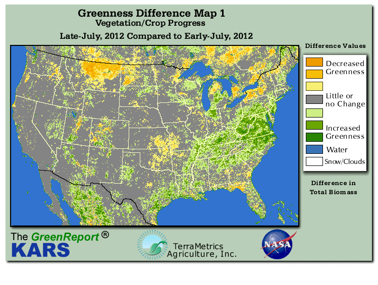 Color-coded U.S. vegetation greeness index map for Period 31 of 2012, illustrating spatial variations in plant vigor, with greener tones indicating higher biomass and browner tones indicating stressed vegetation,
              comparing current crop/vegetation change in biomass to the previous week within the same year.