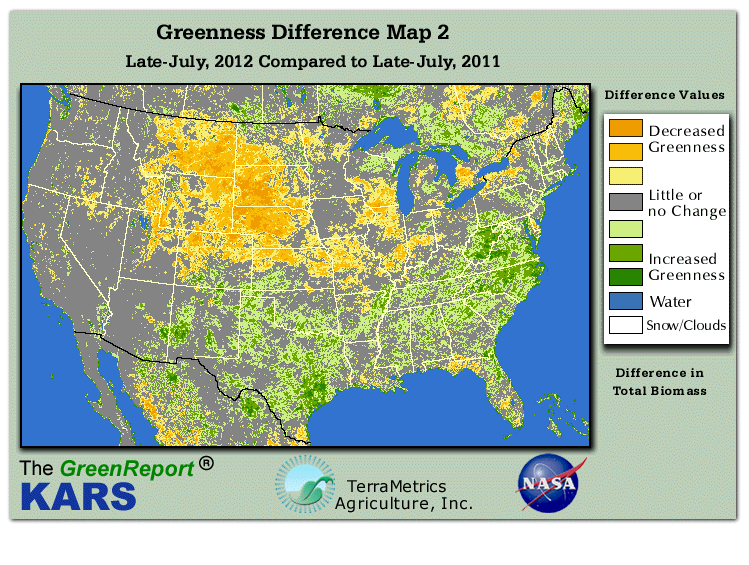 Color-coded U.S. vegetation greeness index map for Period 31 of 2012, illustrating spatial variations in plant vigor, with greener tones indicating higher biomass and browner tones indicating stressed vegetation,
              comparing current crop/vegetation change in biomass to same period from the previous year.