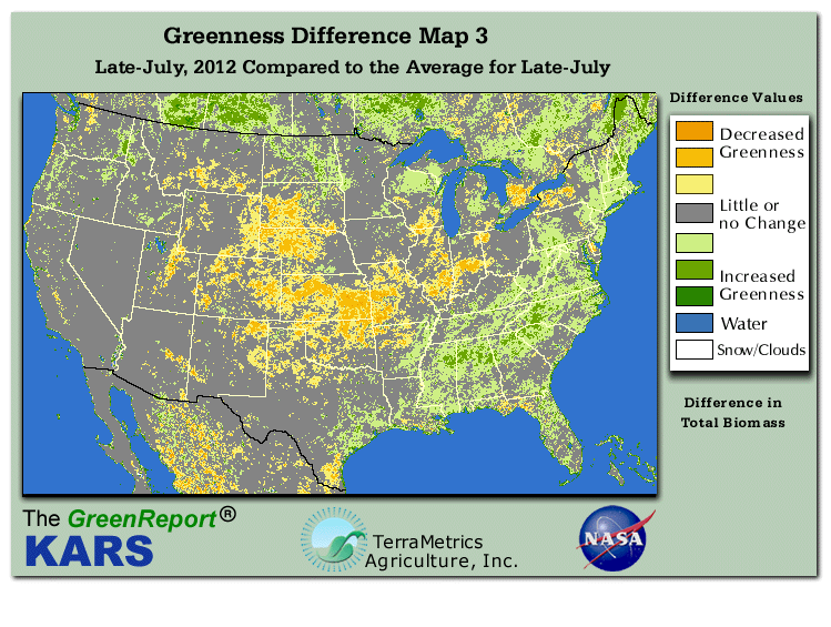 Color-coded U.S. vegetation greeness index map for Period 31 of 2012, illustrating spatial variations in plant vigor, with greener tones indicating higher biomass and browner tones indicating stressed vegetation,
              comparing current crop/vegetation change in biomass to the 20-year greenness average.