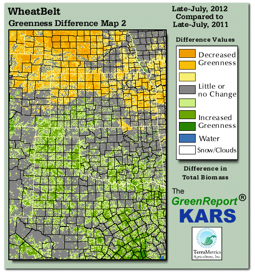 Color-coded Wheat Belt vegetation greeness index map for Period 31 of 2012, illustrating spatial variations in plant vigor, with greener tones indicating higher biomass and browner tones indicating stressed vegetation,
              comparing current crop/vegetation change in biomass to same period from the previous year.
