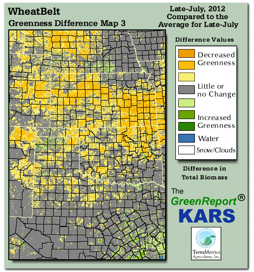 Color-coded Wheat Belt vegetation greeness index map for Period 31 of 2012, illustrating spatial variations in plant vigor, with greener tones indicating higher biomass and browner tones indicating stressed vegetation,
              comparing current crop/vegetation change in biomass to the 20-year greenness average.