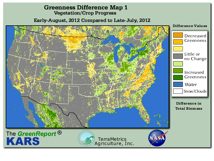 Color-coded U.S. vegetation greeness index map for Period 33 of 2012, illustrating spatial variations in plant vigor, with greener tones indicating higher biomass and browner tones indicating stressed vegetation,
              comparing current crop/vegetation change in biomass to the previous week within the same year.